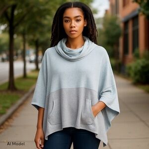 Ink + Ivy Wake & Wear Cowl Neck Two Tone‎ Blue Grey Poncho Size Large